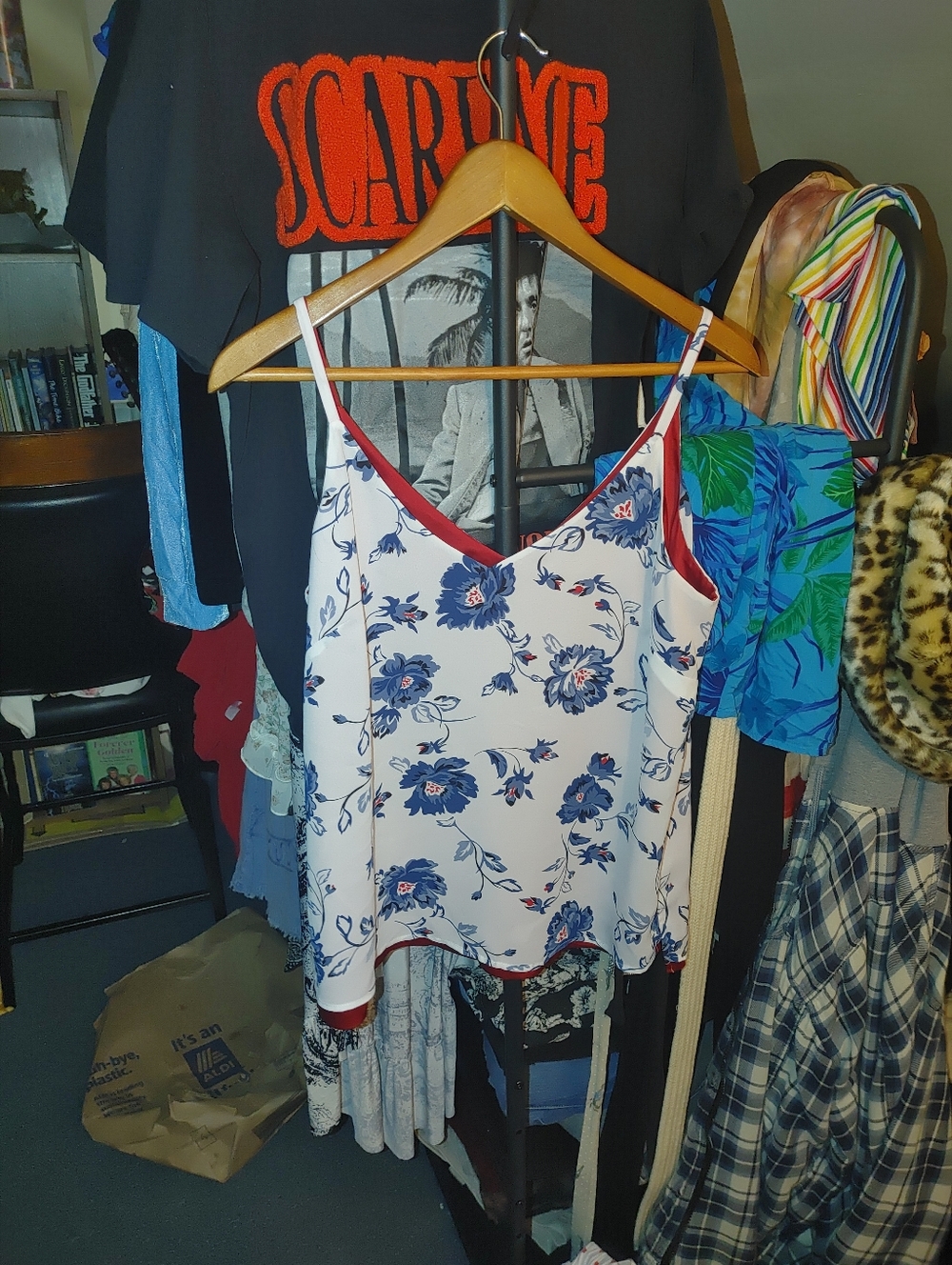 Floral Slip Reversible Tank in Blue and Red Trim